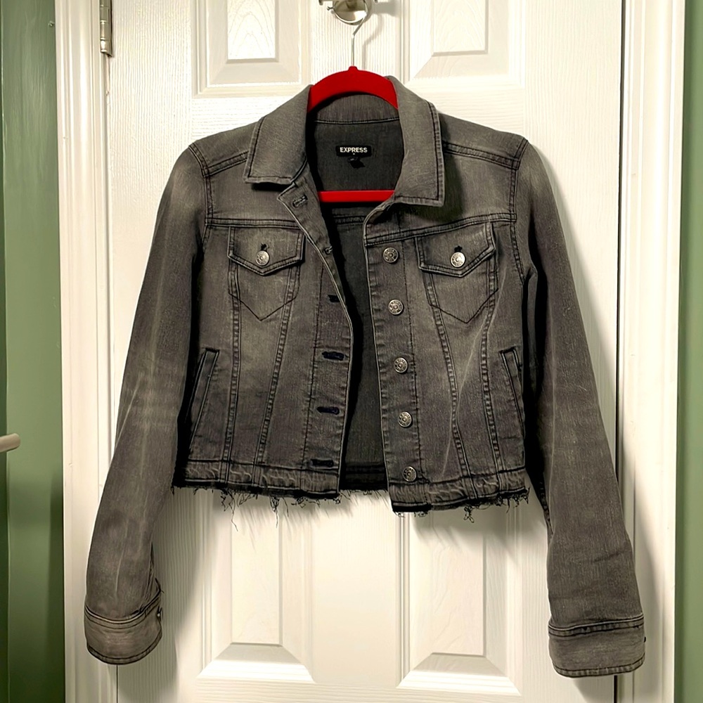 Express XS Cropped Jean Jacket, Dark Grey.